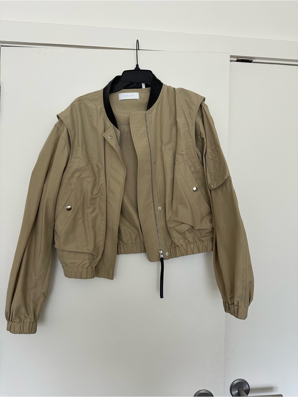 Helmet Lang Olive Green/Tan Women's Bomber Jacket with leather trim. Size M